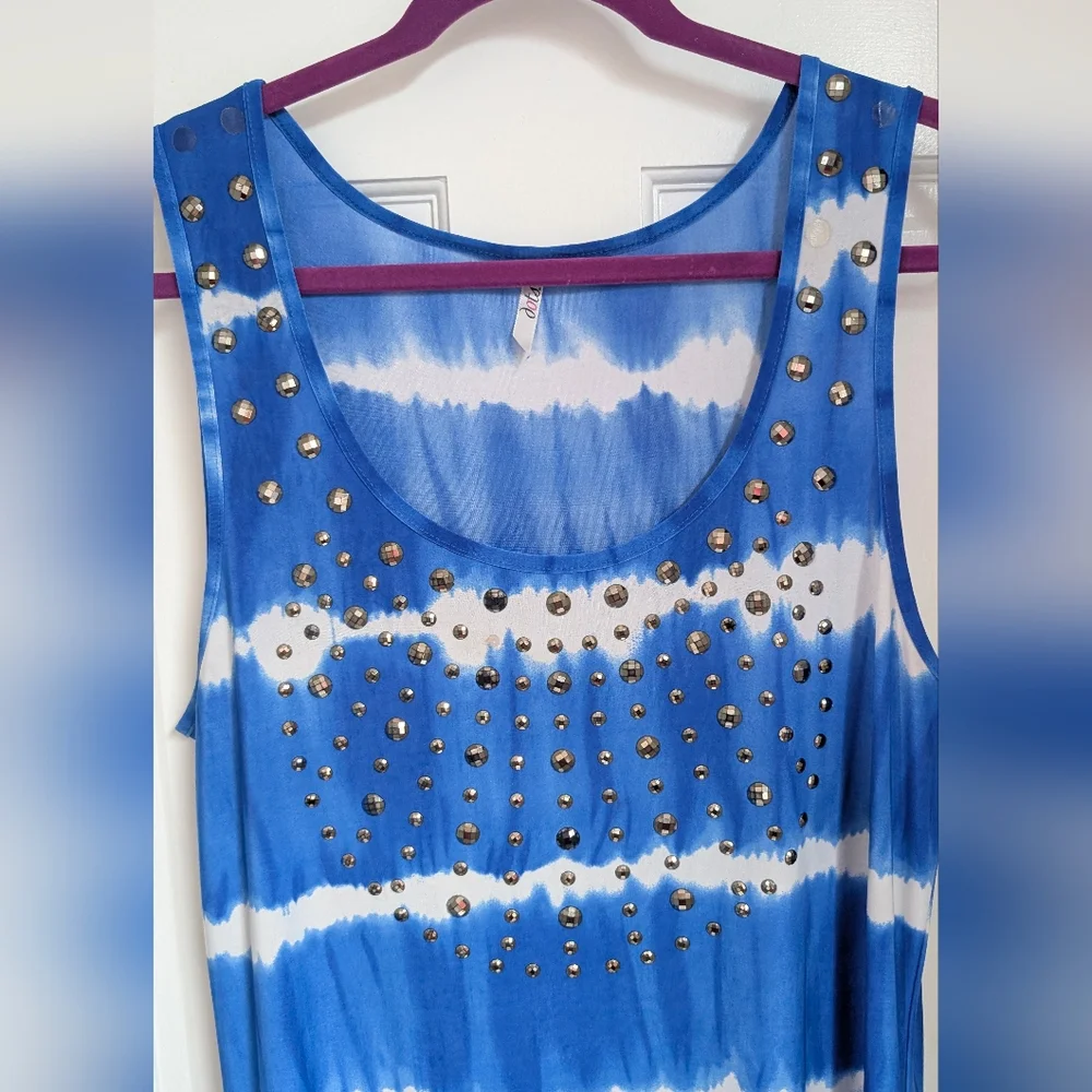 Blue Tie-Dye Sleeveless Dress with Stud Accents - Picture 7 of 7